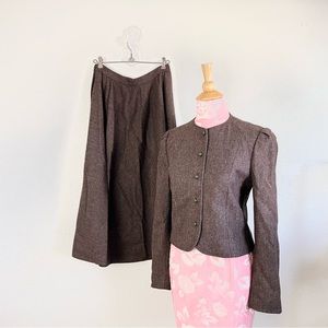 Vintage 80s Larry Levine Brown Wool Career 40s Style Tweed Circle Skirt Suit Set